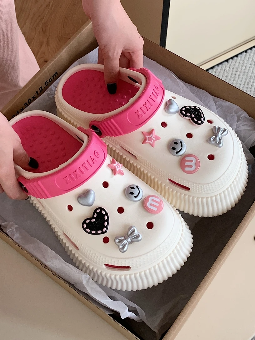 Women Garden Shoes Instagram Beach Sandals Vacation Anti Slip Outer Wear Women Slippers Sweet Love Bow Thick Bottom Hole Shoes