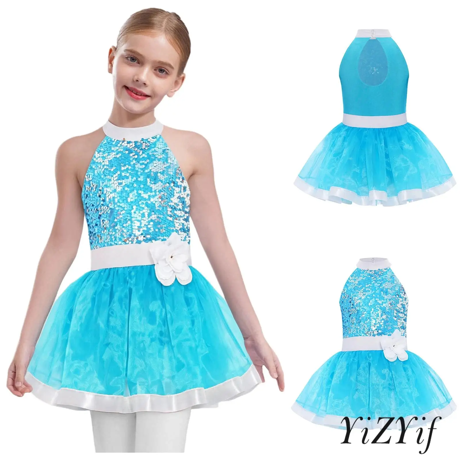 

Kids Girl Shimmering Ballet Dance Competition Costume Sequin Cutout Back Tutu Dress for Stage Ballroom Lyrical Dance Performance