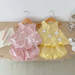 2psc Summer Newborn Infant Baby Girls Waistcoat + Shorts Cute Duck Doll Sweet Set Sleeveless Bow Kids Fashion Baby Clothing