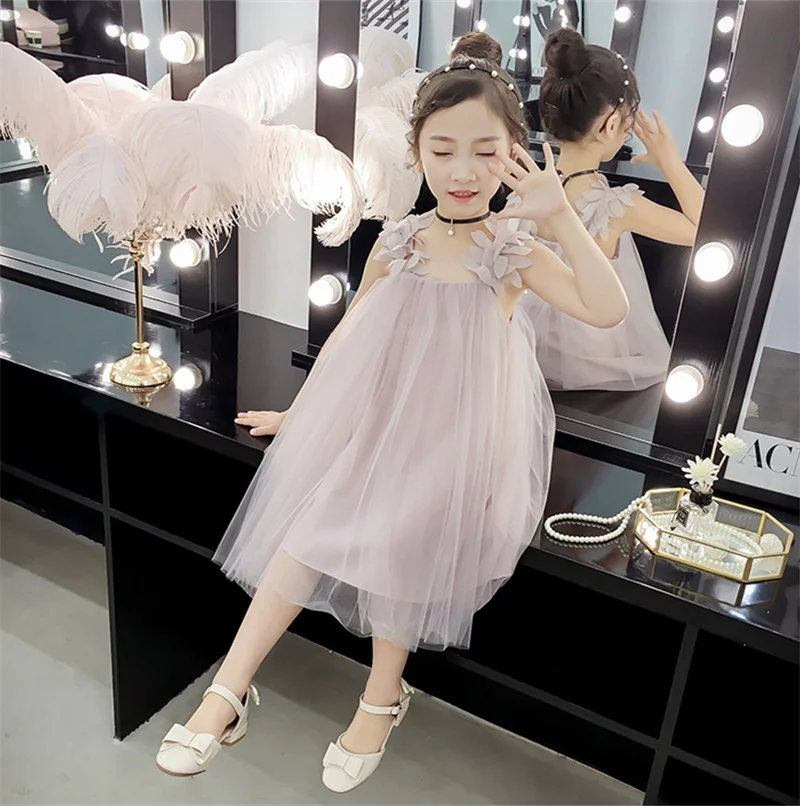 Kids Sleeveless Dresses Children Fashion Mesh Tank Feathers Elegant Party Vestidos Girls Breathable Tulle Skirt 4-12 Years Old