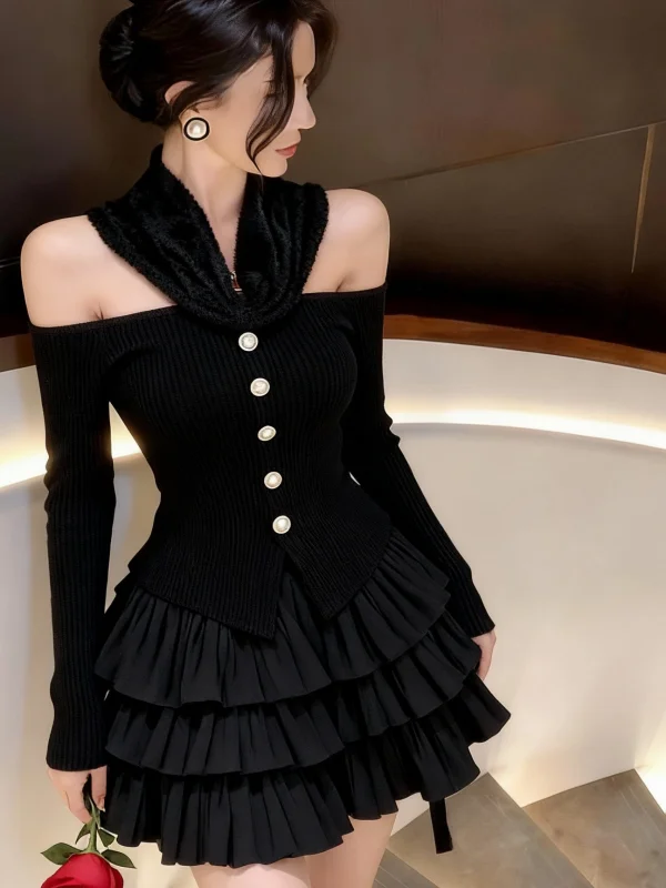 

Pure Desire Plush One Shoulder Sweet And Spicy Top with Knot Puffy Skirt Small Size Women's Autumn Winter Set