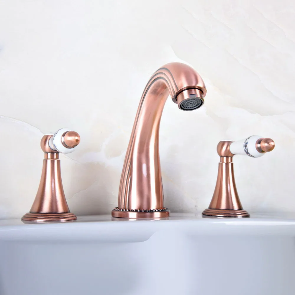 

3 Hole Antique Red Copper Deck Mounted Bathroom Mixer Tap Bath Basin Sink Vanity Faucet Water Tap Bath Faucets zrg078