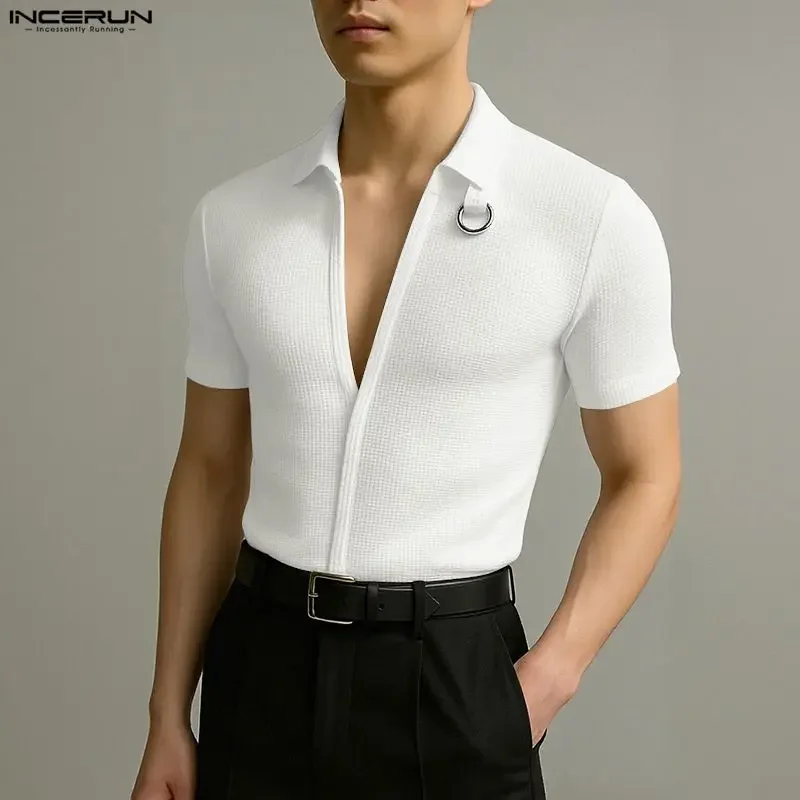 

INCERUN Men's Shirt Solid Color V Neck Long Sleeve Summer Men Clothing Streetwear Korean Style 2026 Fashion Tops Male Shirts