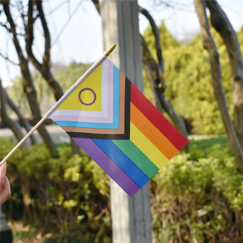 

Versatile 50 Pack Intersex Progress Gay Pride Stick Flag Small Mini Rainbow Hand Held LGBTQ Flags,5X8 Inch