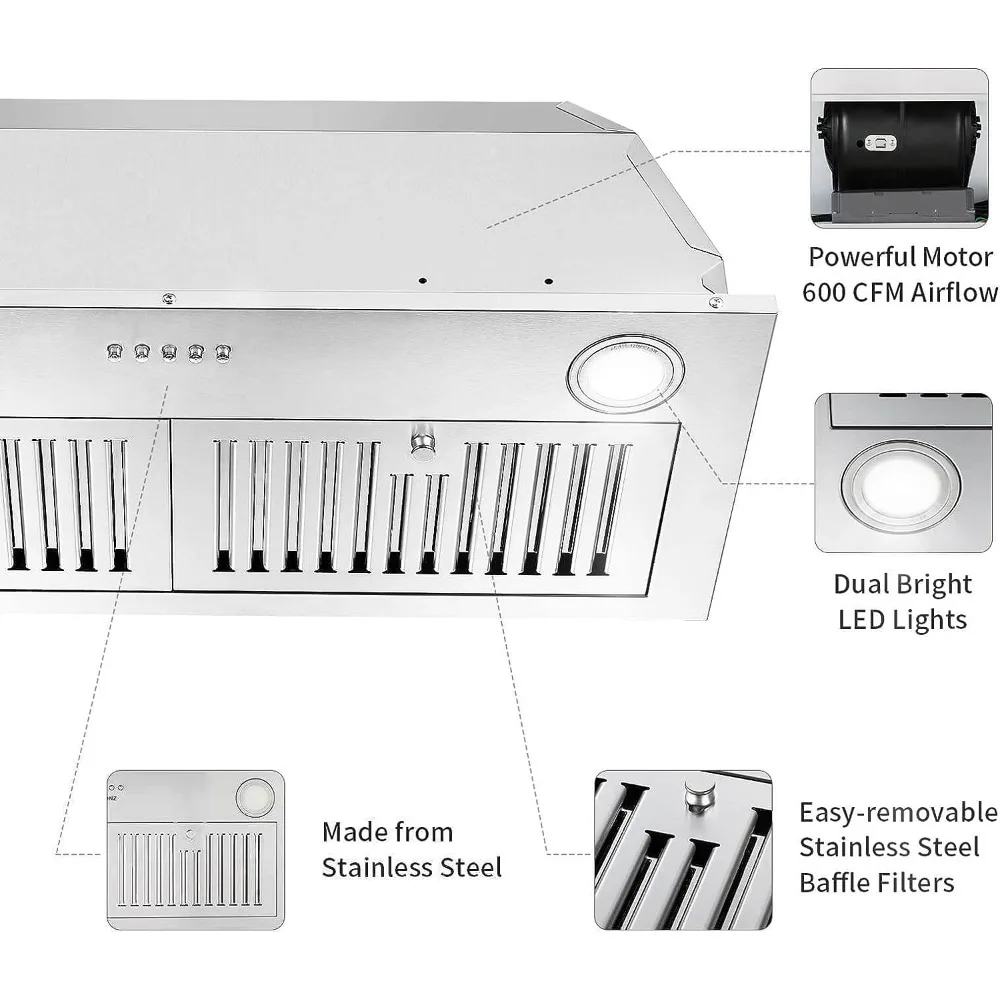 Kaptur kuchenny ze stali nierdzewnej 600CFM, wbudowany kuchenka do gotowania kaptur z przednimi przyciskami i przednimi lampkami LED, filtry przegrodowe