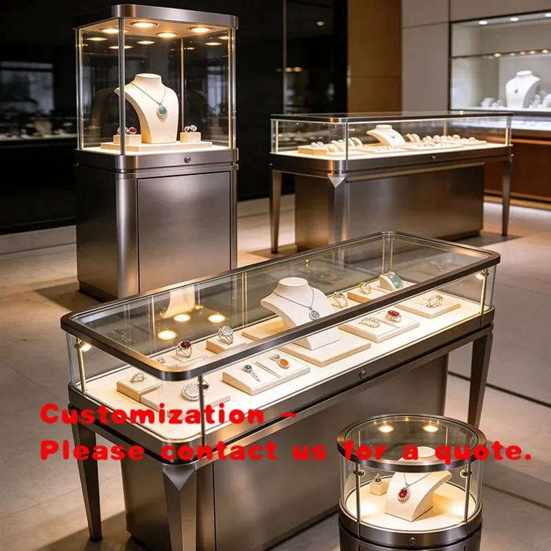 custom.LED Glass Jewelry Display Showcase Stainless Steel Jewellery Cabinet Retail Shop Display Counter Necklace Ring Gemsto