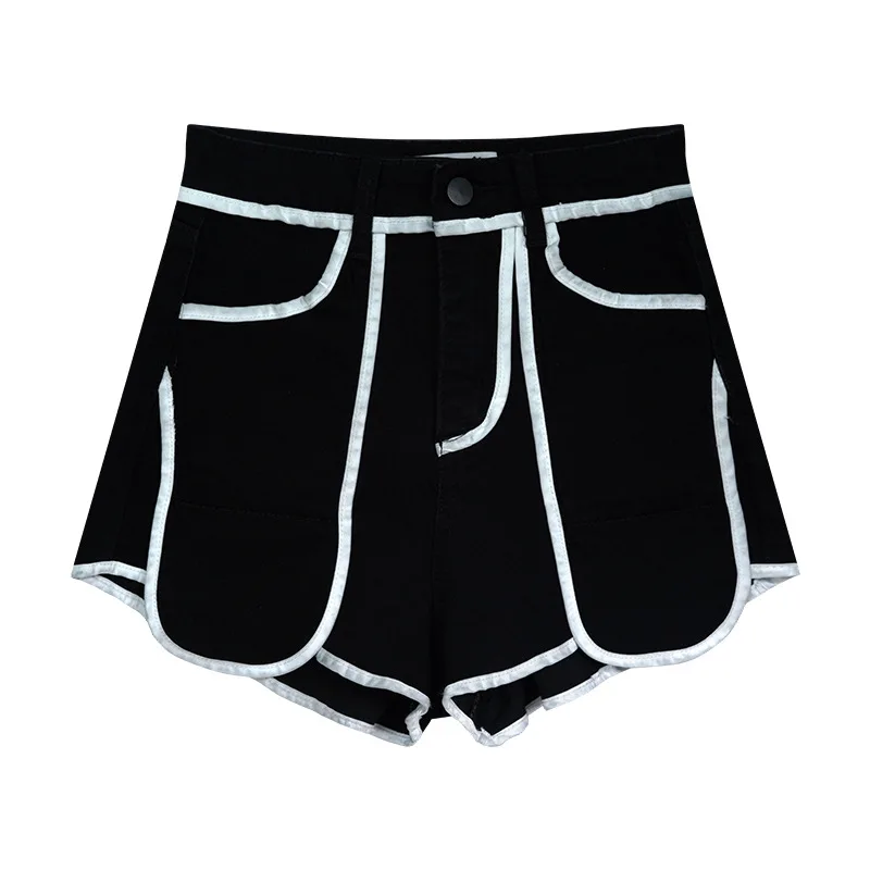 ハイウエストデニムショートパンツ 2025夏新作 配色インス 薄手 ゆったり Aライン ホットパンツ レディース