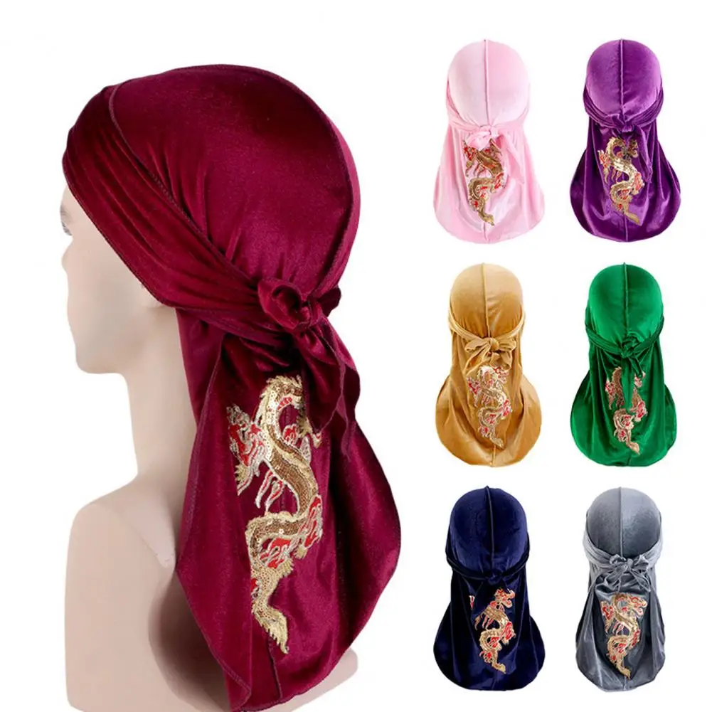 Fashion Velvet China Dragon Pattern Breathable Bandana Long Tail Headwrap Women And Men Solid Color Hip Hop Turban