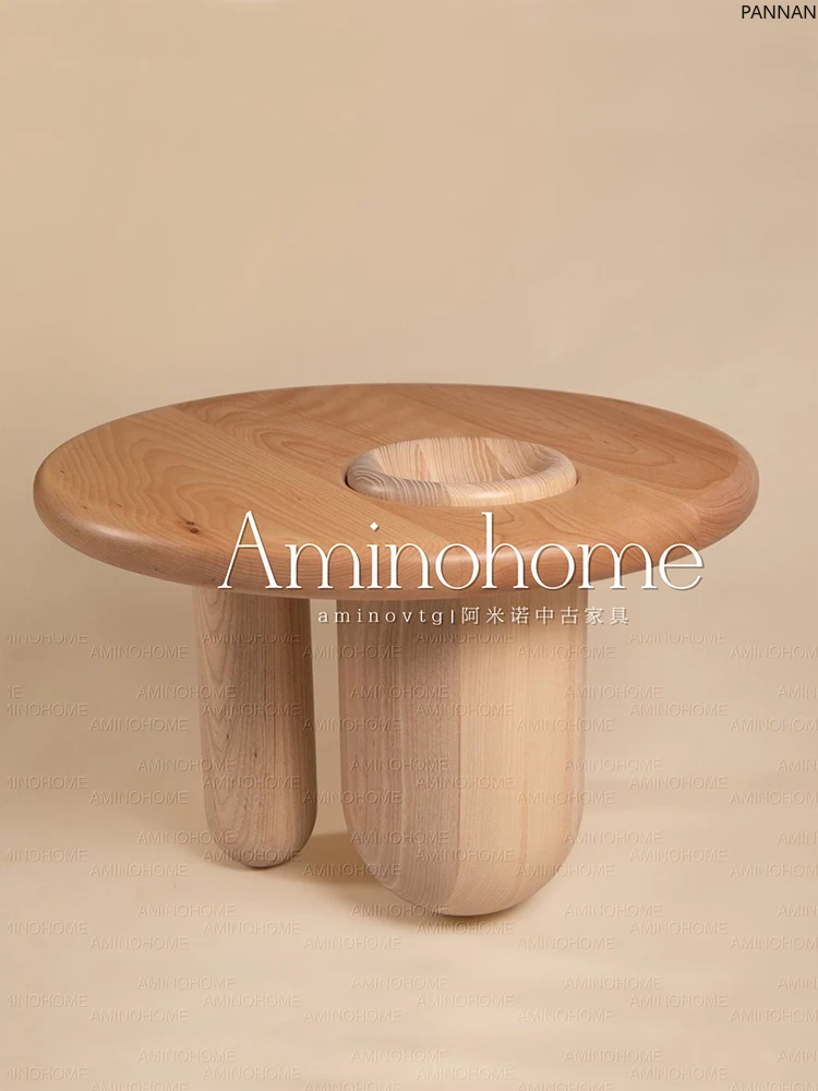 

Retro cream wind solid wood round coffee table living room round table wabi sabi small tea table low