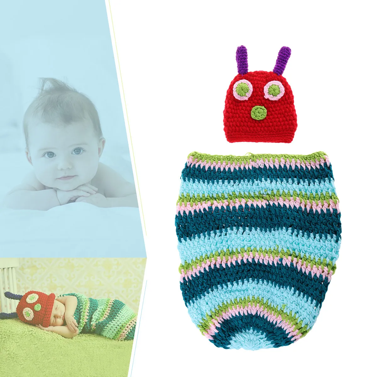 Newborn Caterpillar Photo Prop Set Handmade Crochet Hat Clothes for Babies 3-6 Months Unisex Breathable Elastic Crochet Baby