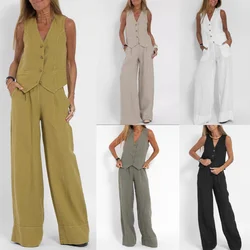 V-neck Sleeveless Solid Suit Women 2024 New Tank Top High Waist Wide Leg Pants Autumn Two Piece Set Office Casual Fashion 2PCS