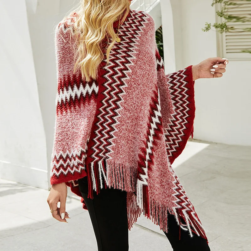 Women autumn winter new shawl cloak fringed hem knitted sweater