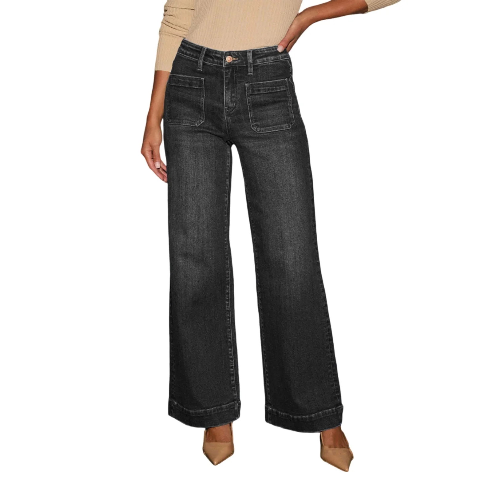 여성 와이드 레그 청바지 우아한 하이 웨이스트 솔리드 루즈 바지 포켓 포함 스트리트웨어