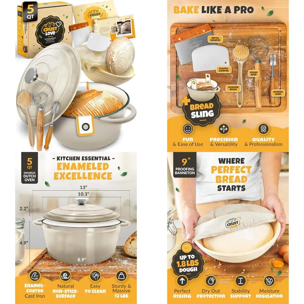 

Enameled Cast Iron Dutch Oven for Bread Baking, Including Sourdough Supplies and Banneton Bread-Proofing Basket, 5-Quart Capacit