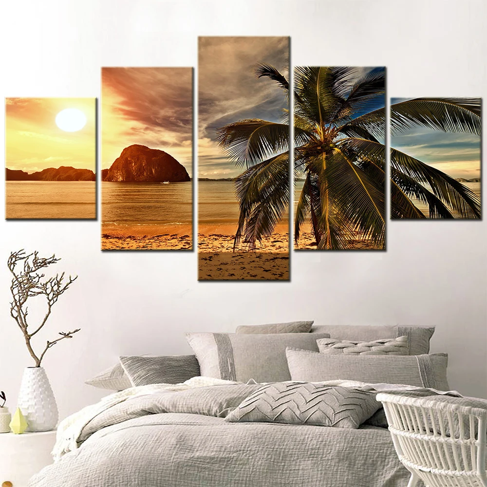 5 Piece Beach Wall Art Palm Tree Canvas Art Sunset Artwork Poster Modular Canvas Painting for Room Decoration Frames for Picture