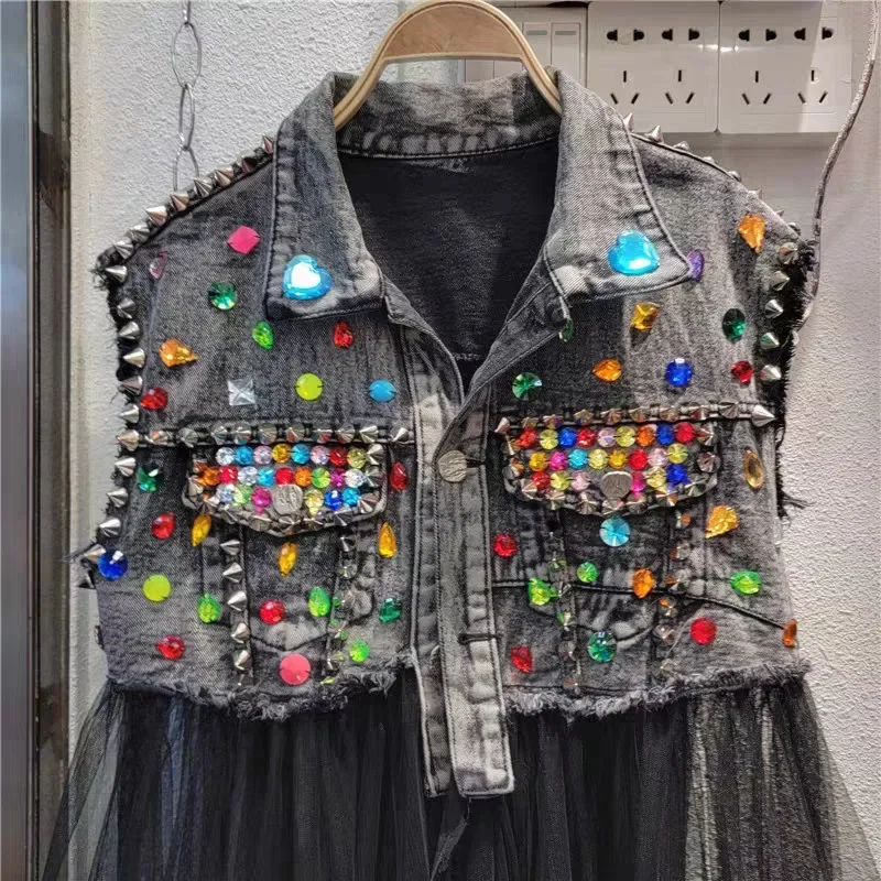 Heavy Industry Nail Bead Diamond-encrusted Splicing Mesh Yarn Cowboy Waistcoat.   Ladies' Fashionable Retro and Trendy Waistcoat