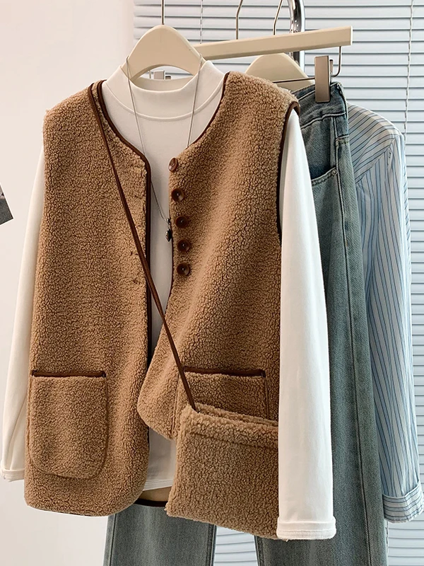 سترة فرو الضأن الدافئة ort Sle الطبقات ارتداء حقيبة اللون كوليون تصميم الرجعية الخريف الشتاء المرأة Faion العنصر الأصلي