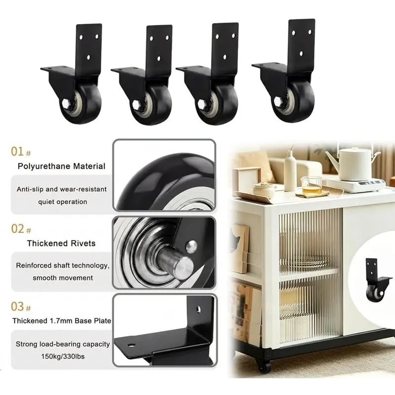 X16A 2025 NEW-Silent Fixed Casters 2 Inch Side Mount Directional Castor Wheel 4 Pack With L Mounting Plate For Bed Cabinet