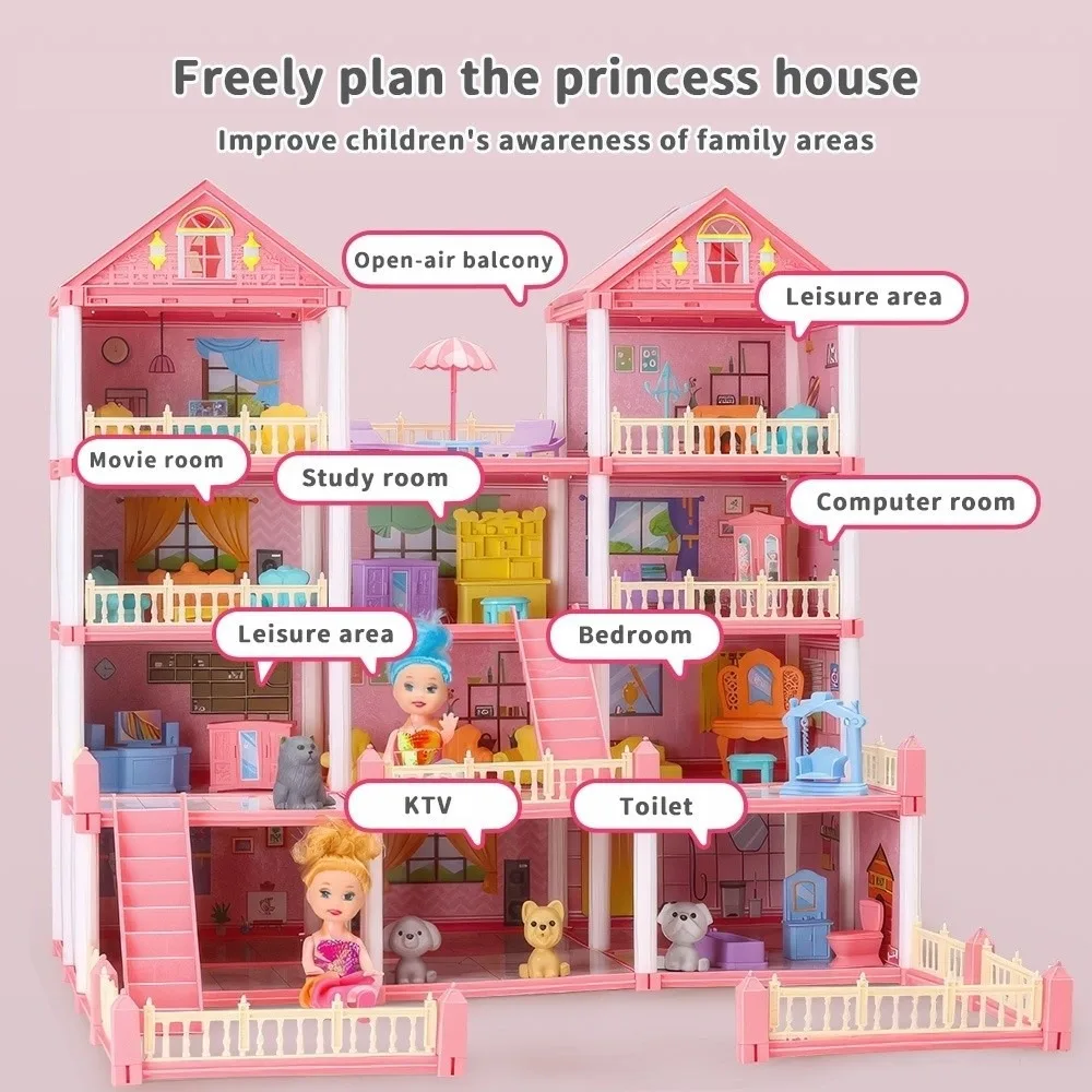 Creative 3D Doll House Set with LED Lighting Toy Gift Role Play Toys Miniature Furniture DIY Dream Princess Castle Doll Houses