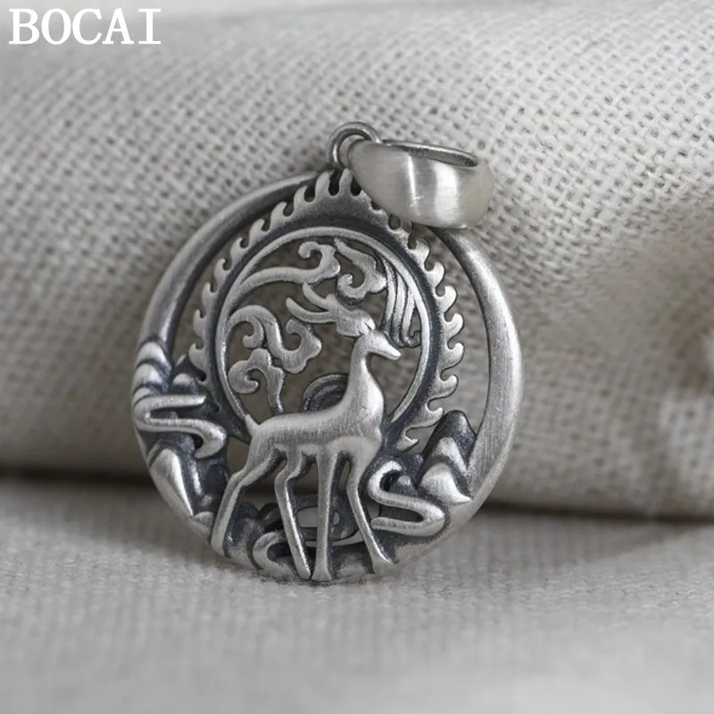 

BOCAI S925 Silver Woman Pendant Retro Matte Craftsmanship Literary Temperament Auspicious Clouds Deer Pendant for Man and Woman