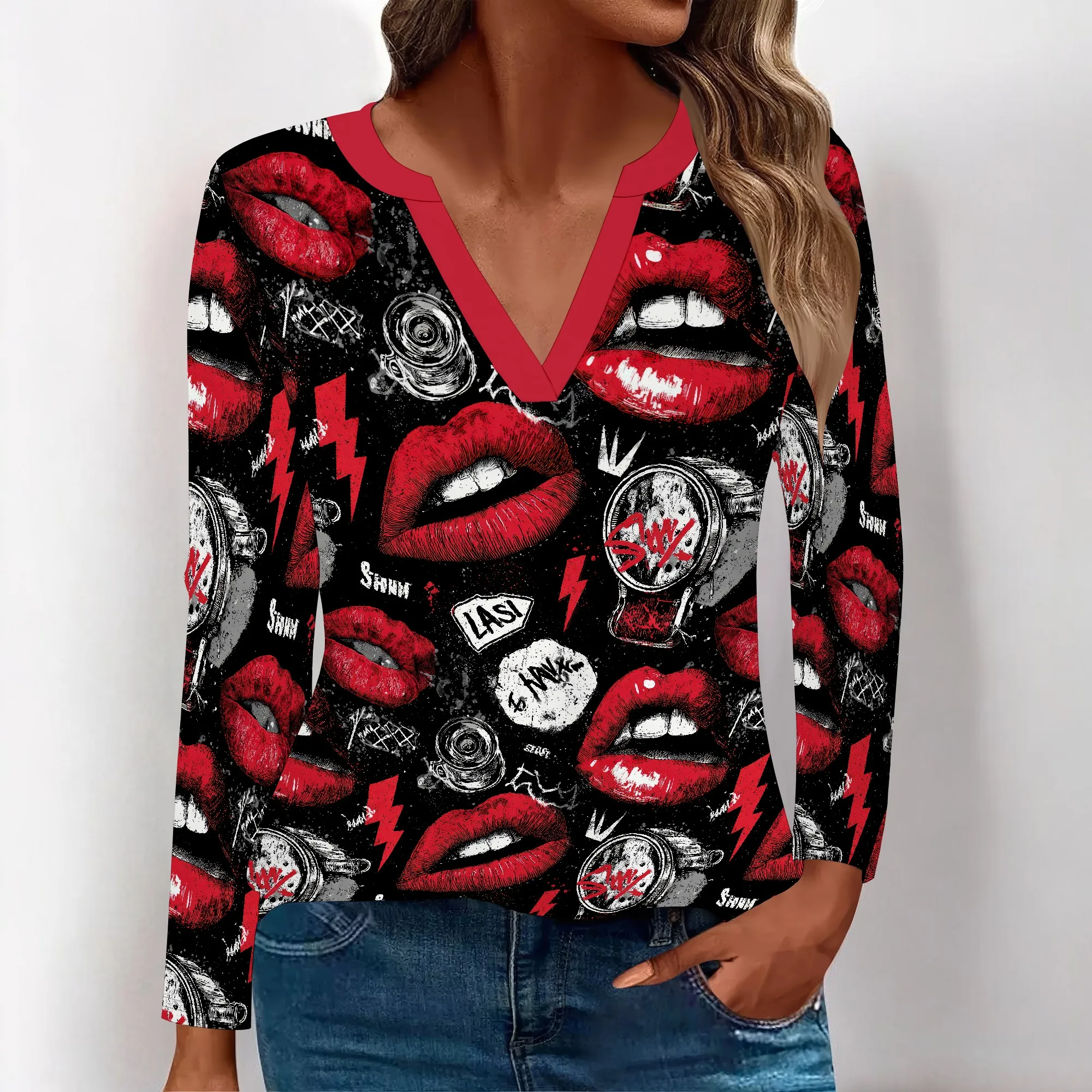 

Edgy V-Neck Long Sleeve Top for Casual Streetwear and Weekend Outings – S-3XL