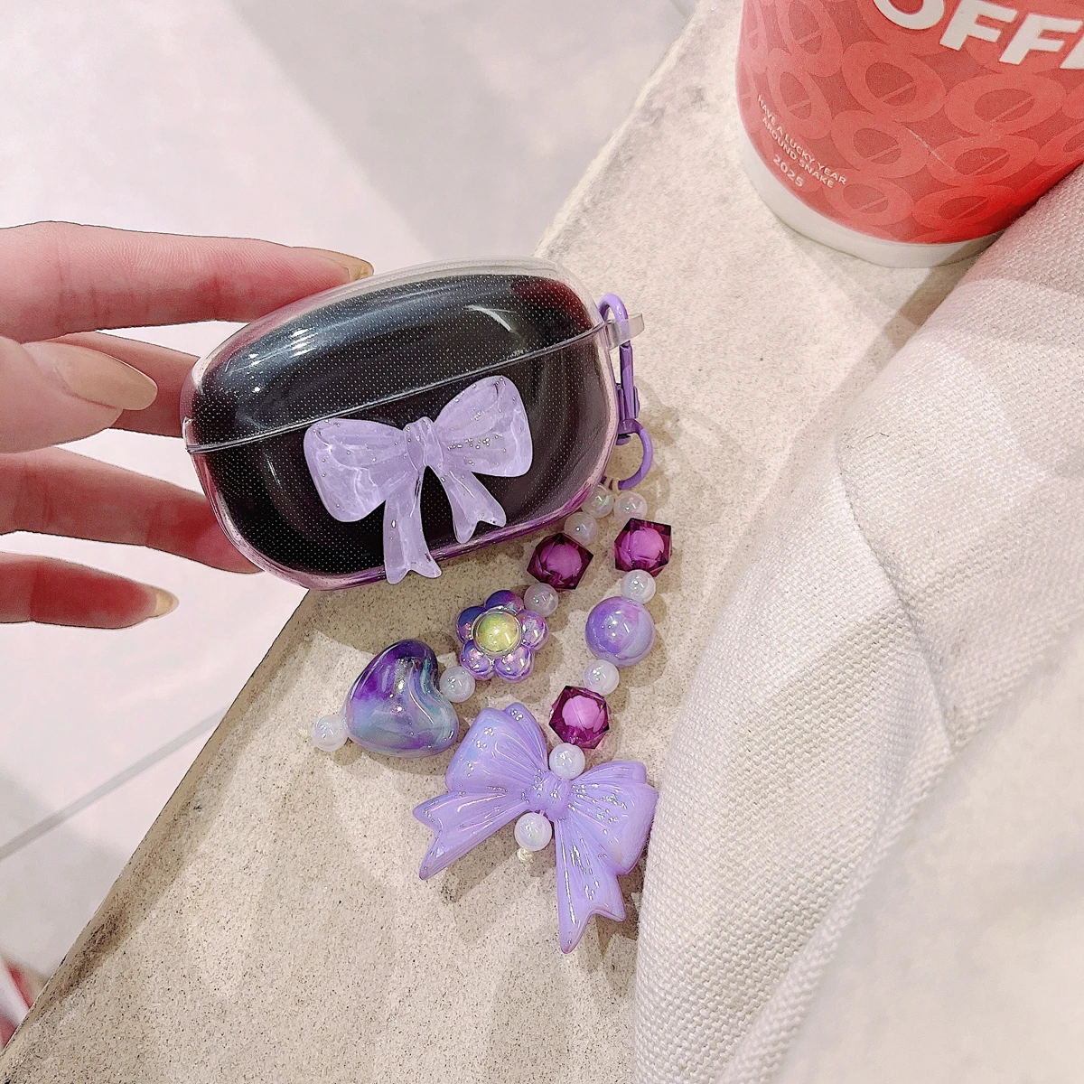 후크가있는 Sony Wf-1000xm5 용 케이스, 투명 충격 방지 소프트 보호 커버, 소녀 용 귀여운 러브 하트 꽃 나비 넥타이 이어 버드 쉘