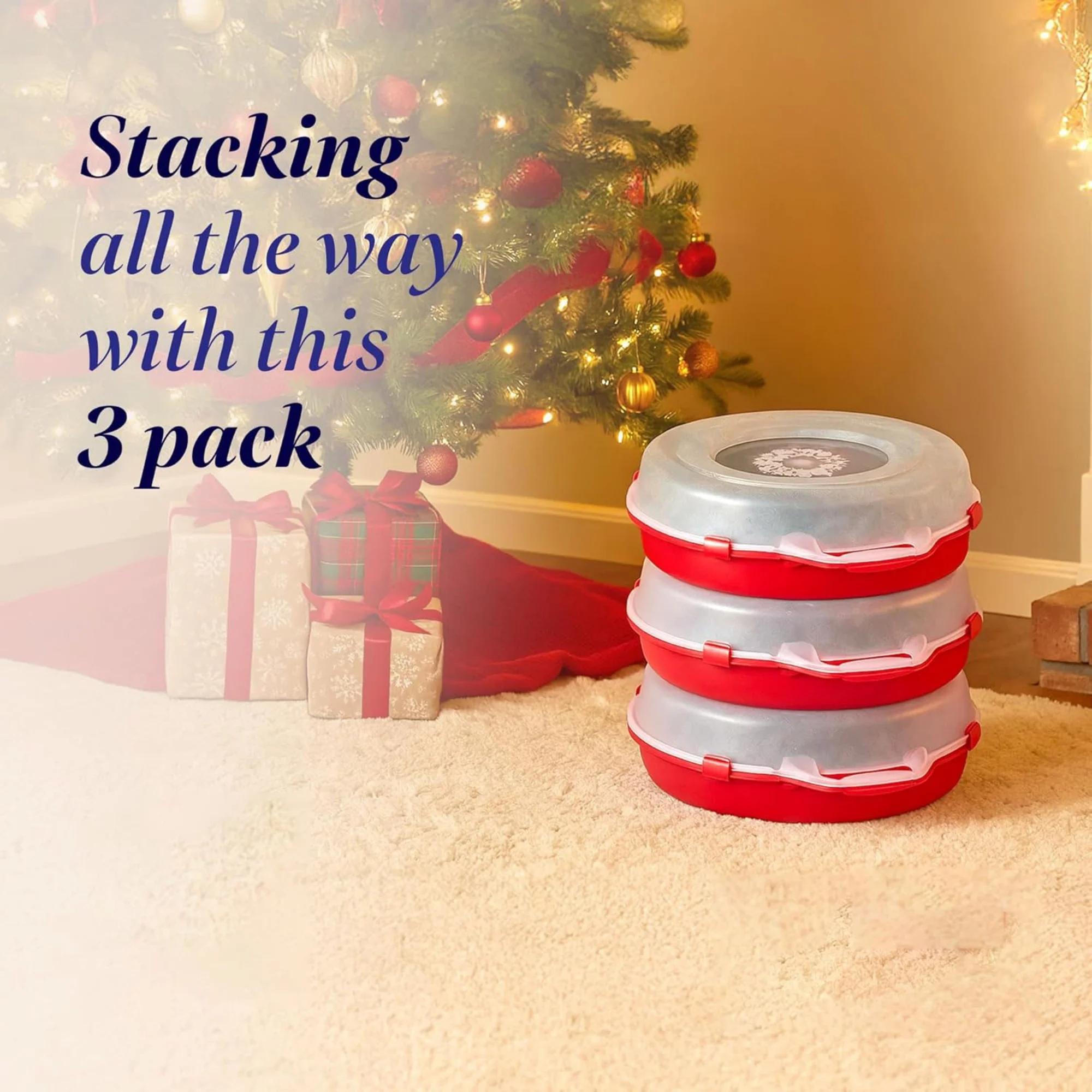 3-Pack 24 Inch Seasonal Holiday Clear Plastic Wreath Storage Containers, Red – Stackable Decoration Organizer Bins with Lids and Handles for Christmas Wreaths and Garlands view 2