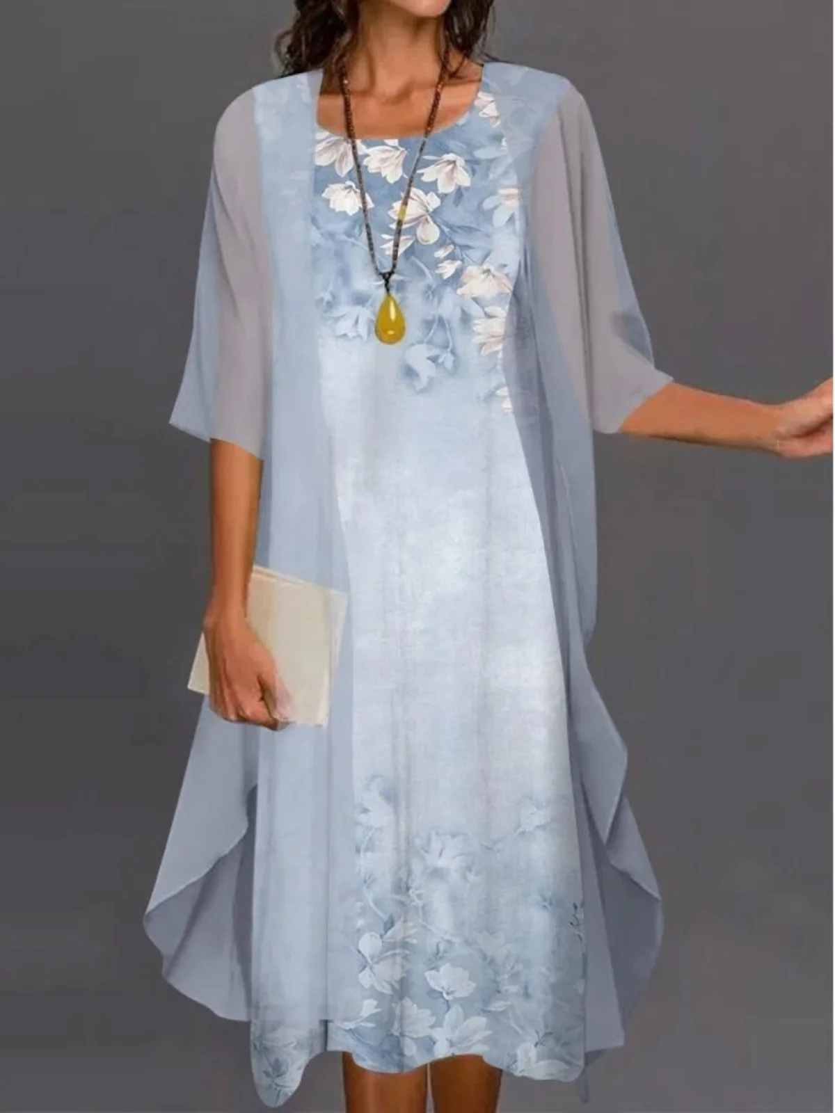 Street Sle Printed round Ne Long Sve Two-Piece Set Loose Waist Polyester Fiber Summer Dr Casual A-Line Skirt