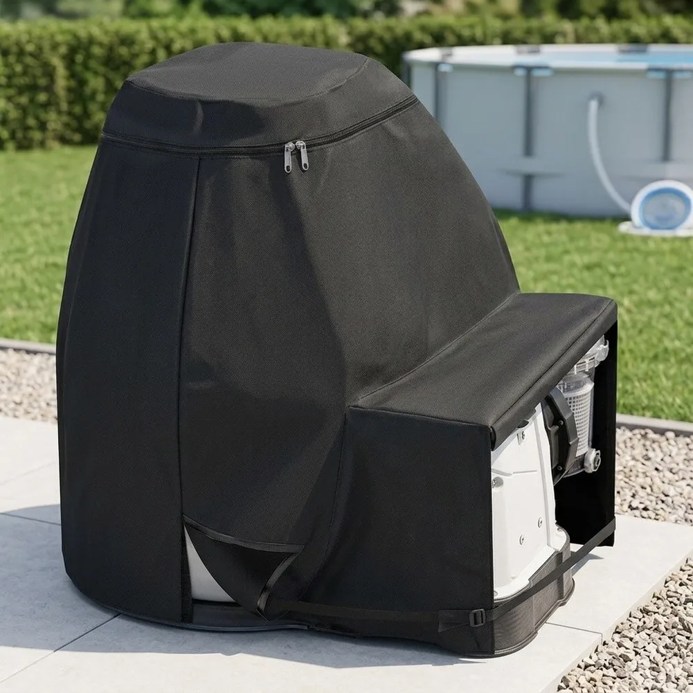 Black Oxford Cloth Sand Filter Pump Cover With Dual Zipper And Elastic Strips For 12-16 Inch Above Ground Pool Water Pump