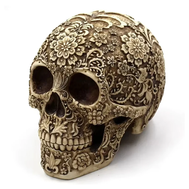 Resin Craft Skull Head Golden Carving Halloween Party Decoration Skull Sculpture Ornaments Home Decoration Accessories