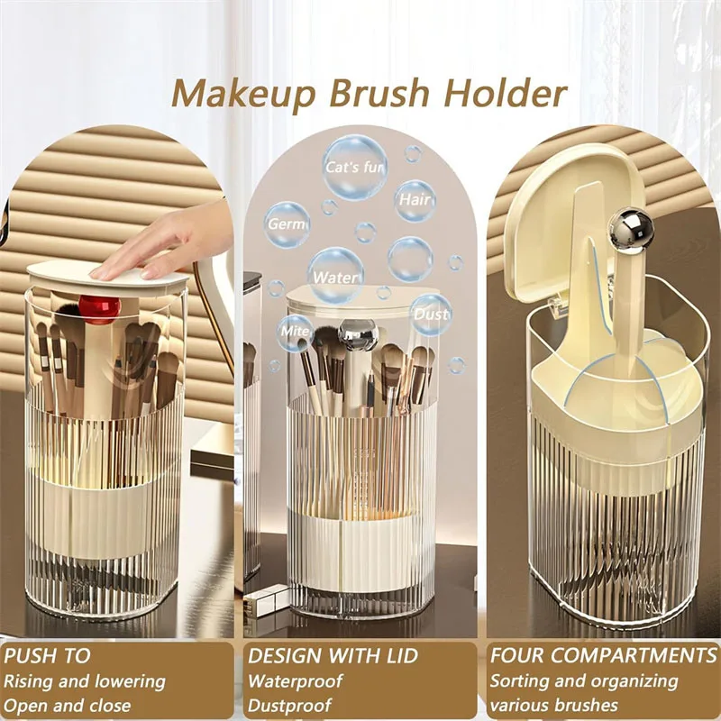 メイクブラシ収納自動昇降メイクブラシホルダー防塵蓋付き片手プレス化粧品収納ボックスブラシ用