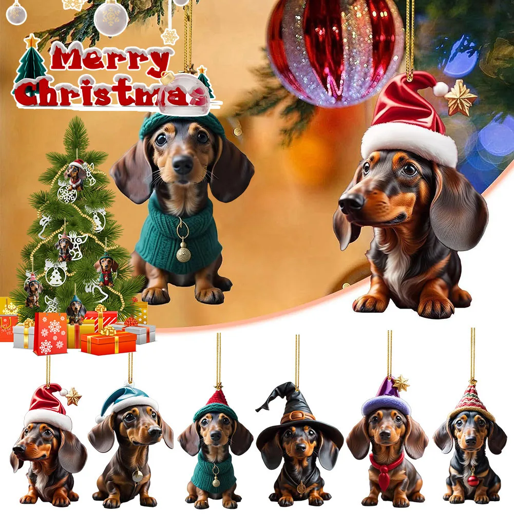 Christmas Cartoon Dachshund Dog Ornament Acrylic Dog Figurines Decor Funny Puppy Pendant Xmas Tree Backpack Car Interior Decor