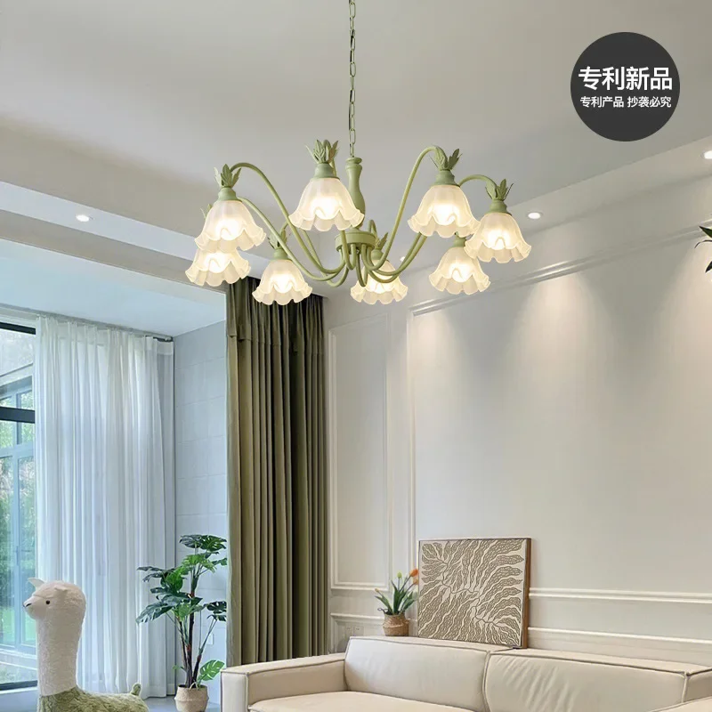 

Cream Style Flower Living Room Pendant Lamp Nordic Creative Home Bell Orchid Glass Iron Art Atmospheric Pendant Lamp