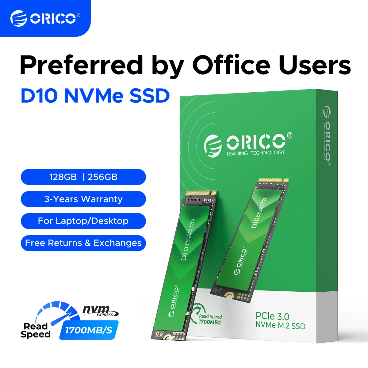 

ORICO M.2 NVMe SSD M Key 2280 PCIe3.0 1700MB/s NVMe Internal Solid State Drive 256GB for Office Users Students Laptop/Desktop