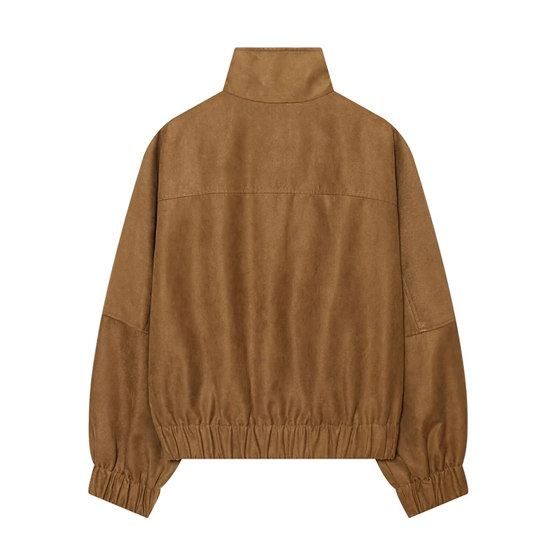 YENKYE Women Faux Suede Bomber Jacket Floral Embroidery Stand Collar Zip‑Up Long Sleeve Casual Loose Outerwear Autumn Daily Wear
