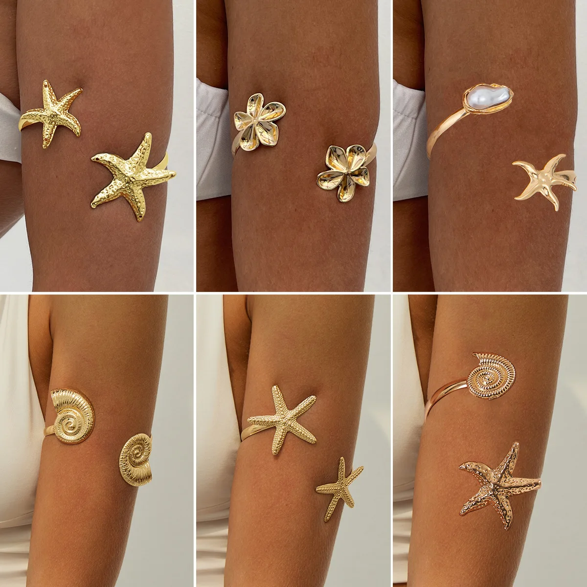 

Vintage Baroque Imitation Pearl Flower Open Cuff Bangle for Women Bohemian Starfish Conch Arm Bracelet Beach Party Jewelry Gift