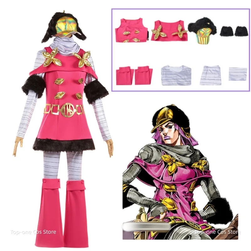 

Anime JoJo's Bizarre Adventure Hot Pants Cosplay Costume Pink Dress Stripe Uniform Hat Man Woman Carnival Christmas Suit