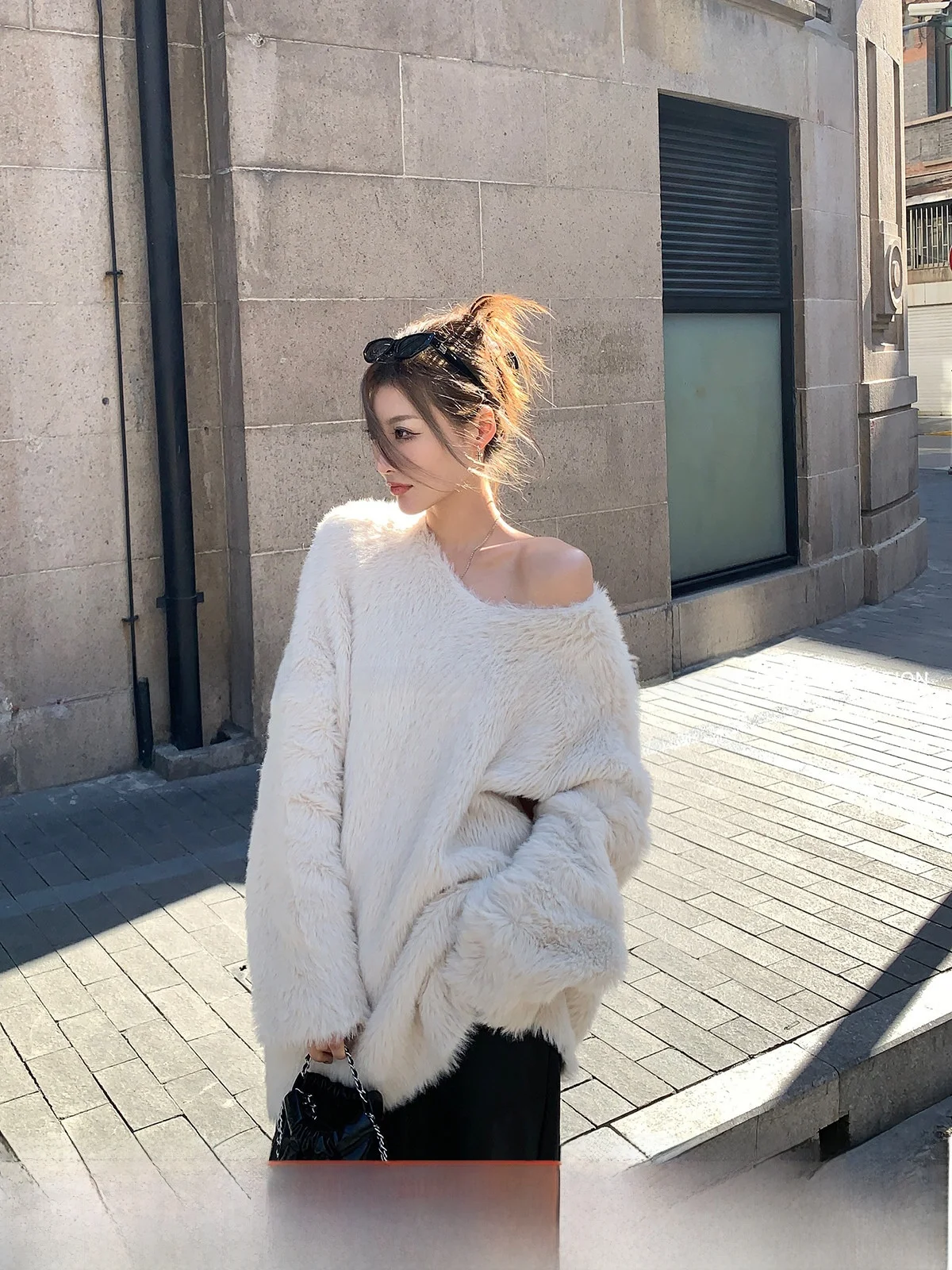 

Женский свитер GV Big Brother Fluffy Cotton Candy с V-образным вырезом, простой, мягкий, плюшевый, вязаный, зимний, модный топ