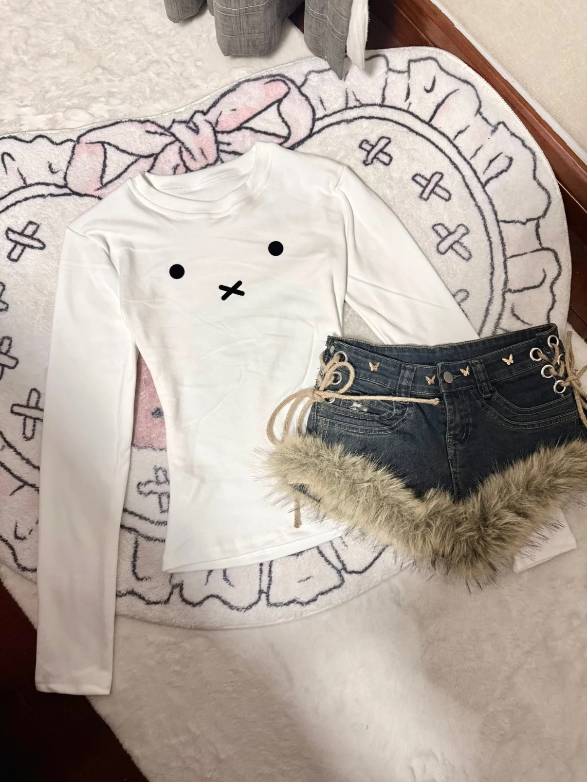  Rabbit Fleece Lined White Long Sleeve Base Shirt Women's Slim Fit Warm Inner Wear T-Shirt Shoulder Width Standard Top