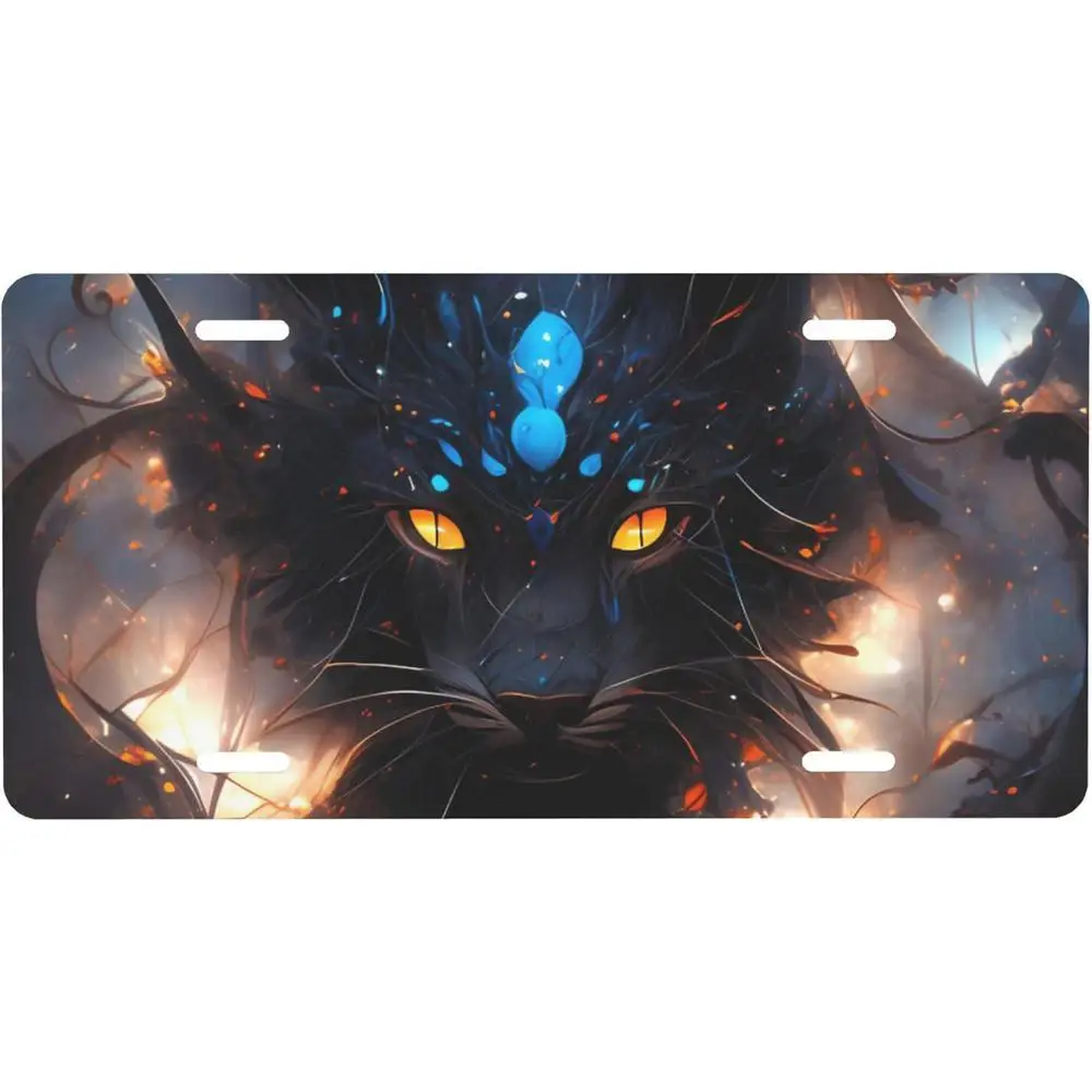 2D Flat Dreamy Owl License Plate Metal Plaque,Black Art Design with Glowing Eyes,Unisex,Cat Accessories, for Decorative Use Only