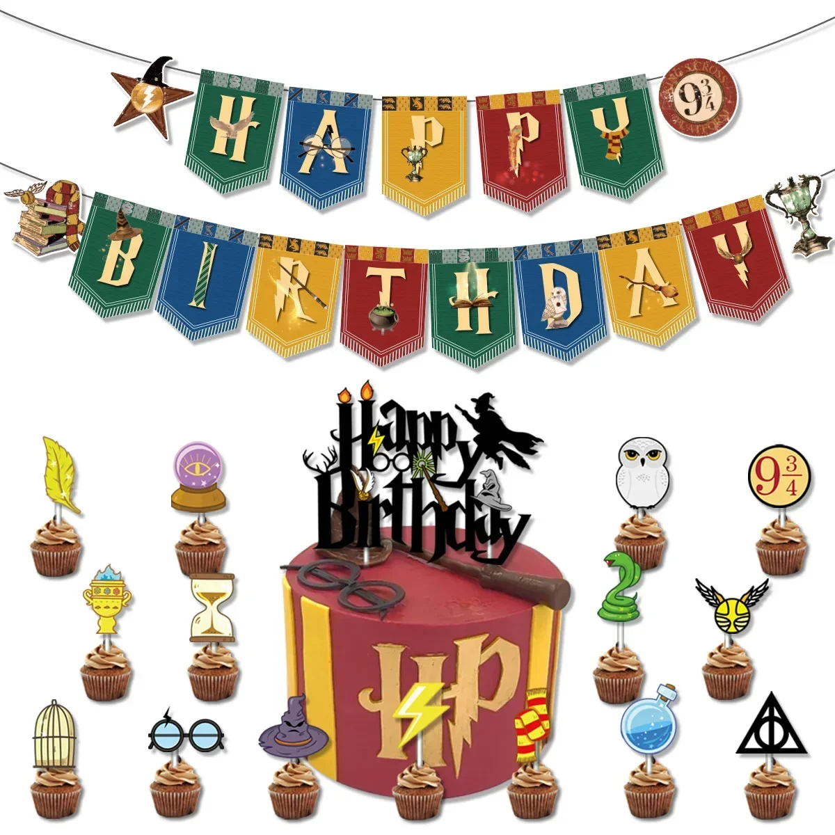 Cute Harry Potter Birthday Party dinnerware Disposable Banner Cake Topper Hanging Flag Harry Potter Balloons Birthday Decoration