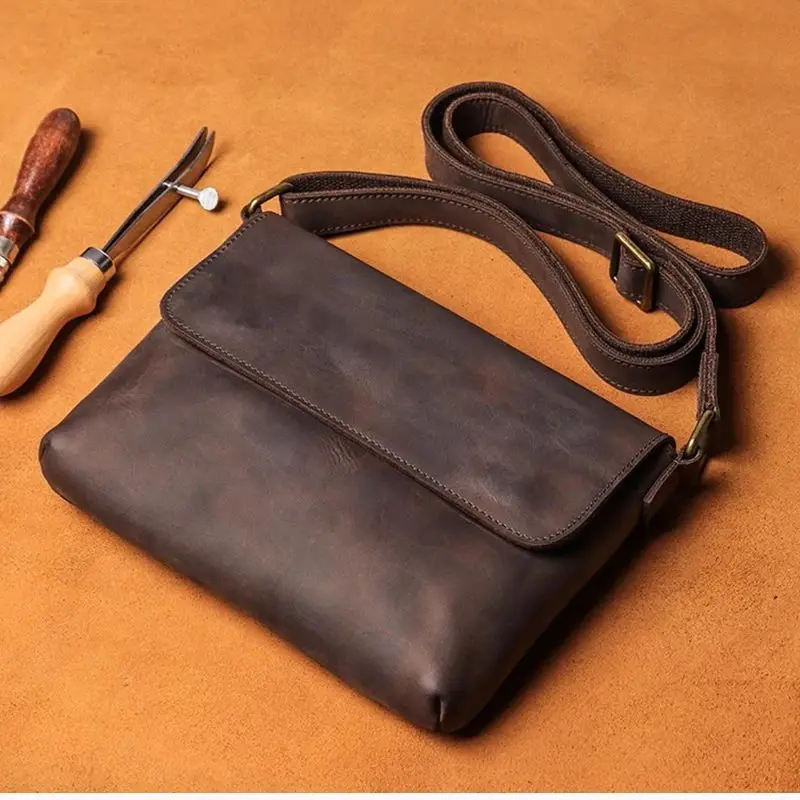 Men's Cowhide Bag Flap Fashion Shoulder Bag 7.9 inch ipad phone bag Vintage Leather Crossbody Bag Gift for Husband