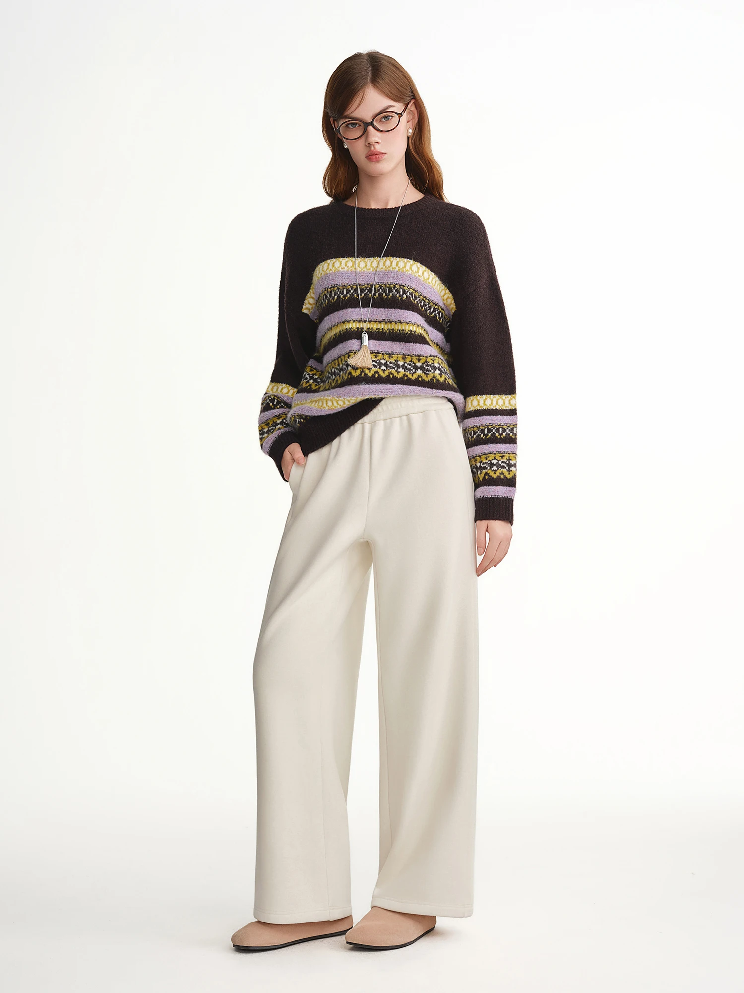 DUSHU Plus Size High Waist Fleece Lined Straight Leg Pants Winter Warm Elastic Waist Casual Trousers Cozy Plush Casual Pants