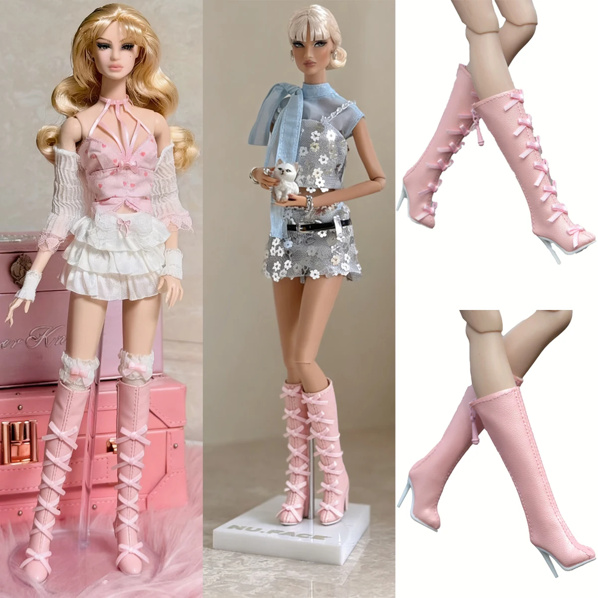 1/6 Supermodel Doll Shoes Parts Fashion Senior Sense Mid-calf Boots Sweet Bow Leather Boots For FR2 NU.FAC Kissmela Xianxian