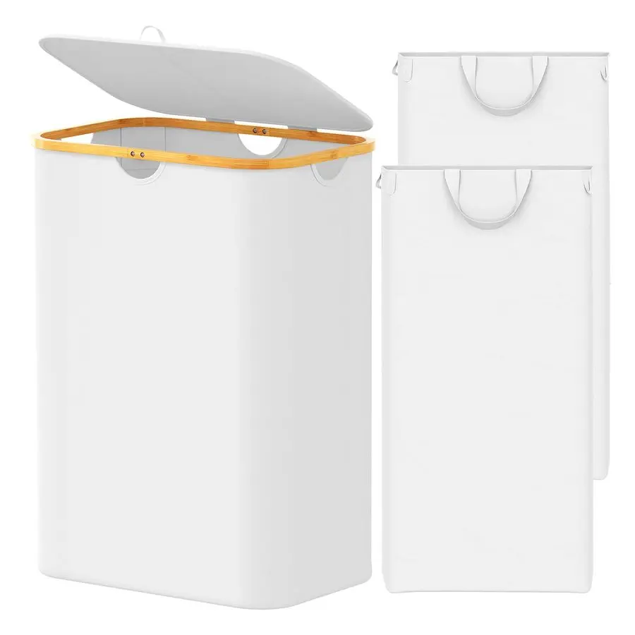 

Двойная корзина для белья на 2 секции с крышкой и съемными мешками для белья, 160 л, с бамбуковыми ручками, большая складная корзина для одежды