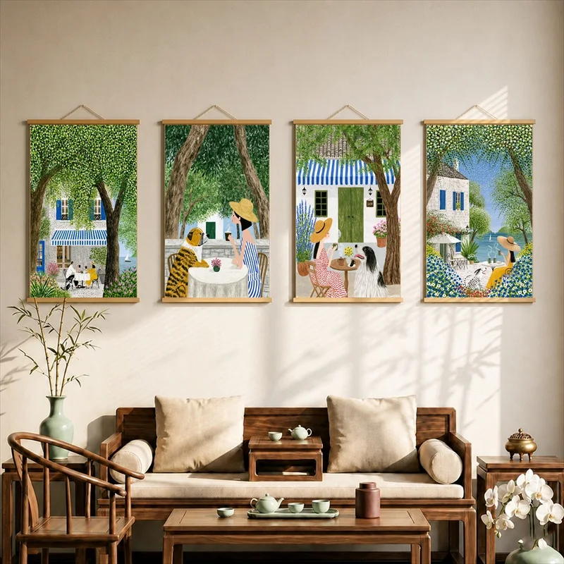 Wall Art Quiet Garden Tables beneath Green Trees, Slow Living Pearlescent Canvas Wall Hanging Scroll for Rooftop Cafe Wall Decor