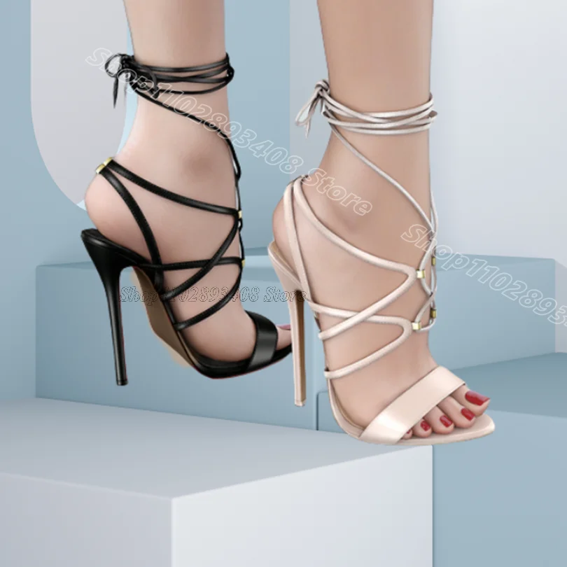 

Black Open Toe Ankle Strap Boots Stiletto Heels British Style Solid Design for Women Casual Fashion Sandals Zapatos Para Mujere