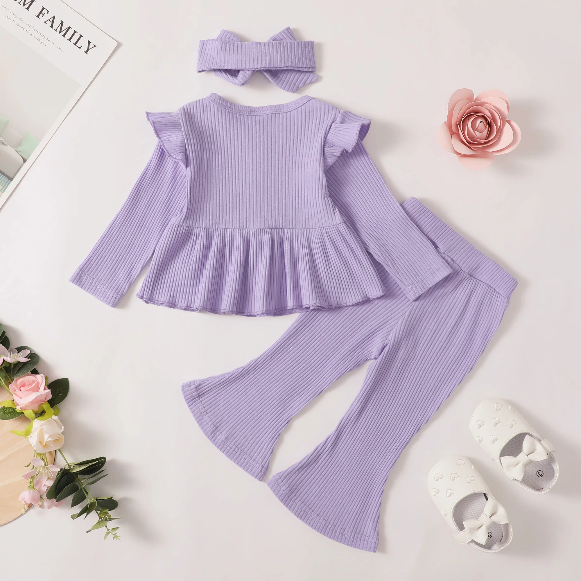 3pcs Baby Girl Clothing Casual Cute Solid Color Long Sleeve Ruffle Top Flared Trousers Headwear Baby Set For Autumn And Winter