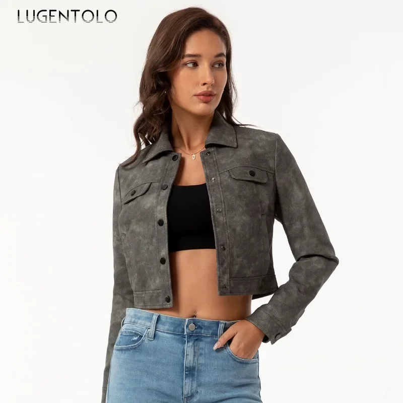 Women PU Jacket Fall 2024 Retro Thin Faux Leather Cropped Coat Multi-Pocket Single Breasted Cardigan Tops Fashion Street Wear