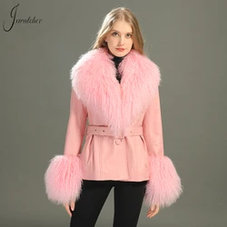 Jxwatcher Genuine Leather Jacket for Women Real Mongolian Fur Collar Cuffs Ladies Real Sheepskin Coat with Belt Spring Outerwear